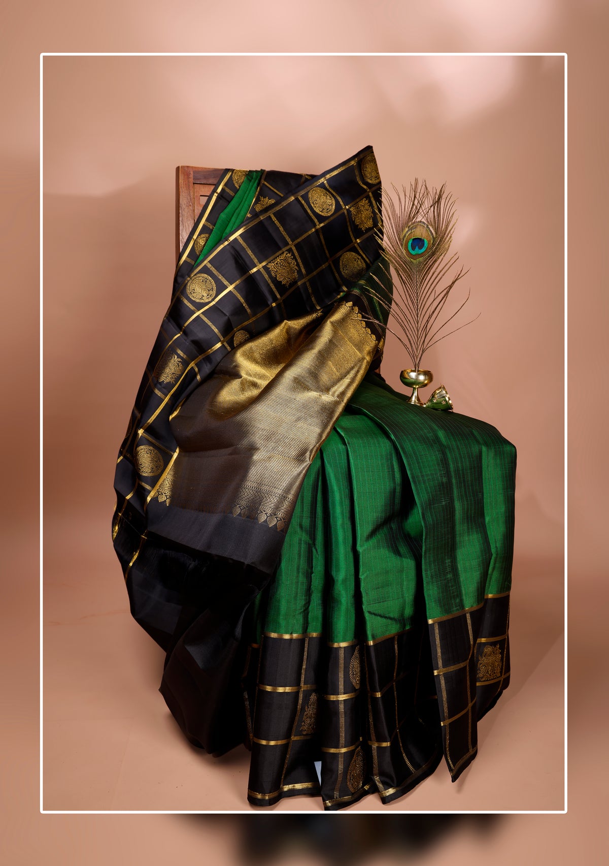 Emerald Green & Black Checked Zari Kanchipuram Vintage Pure Silk Saree