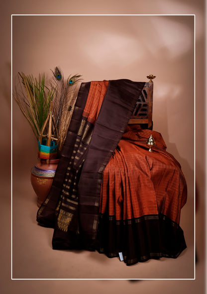 Rust Orange Checkered and Deep Brown Kanchipuram Silk Saree