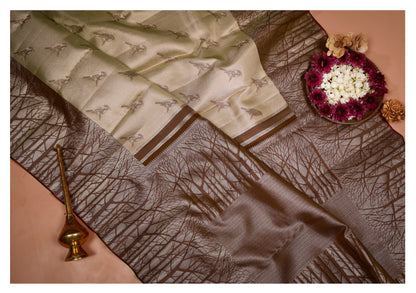 Vanalaya Beige & Brown Pure Silk Saree