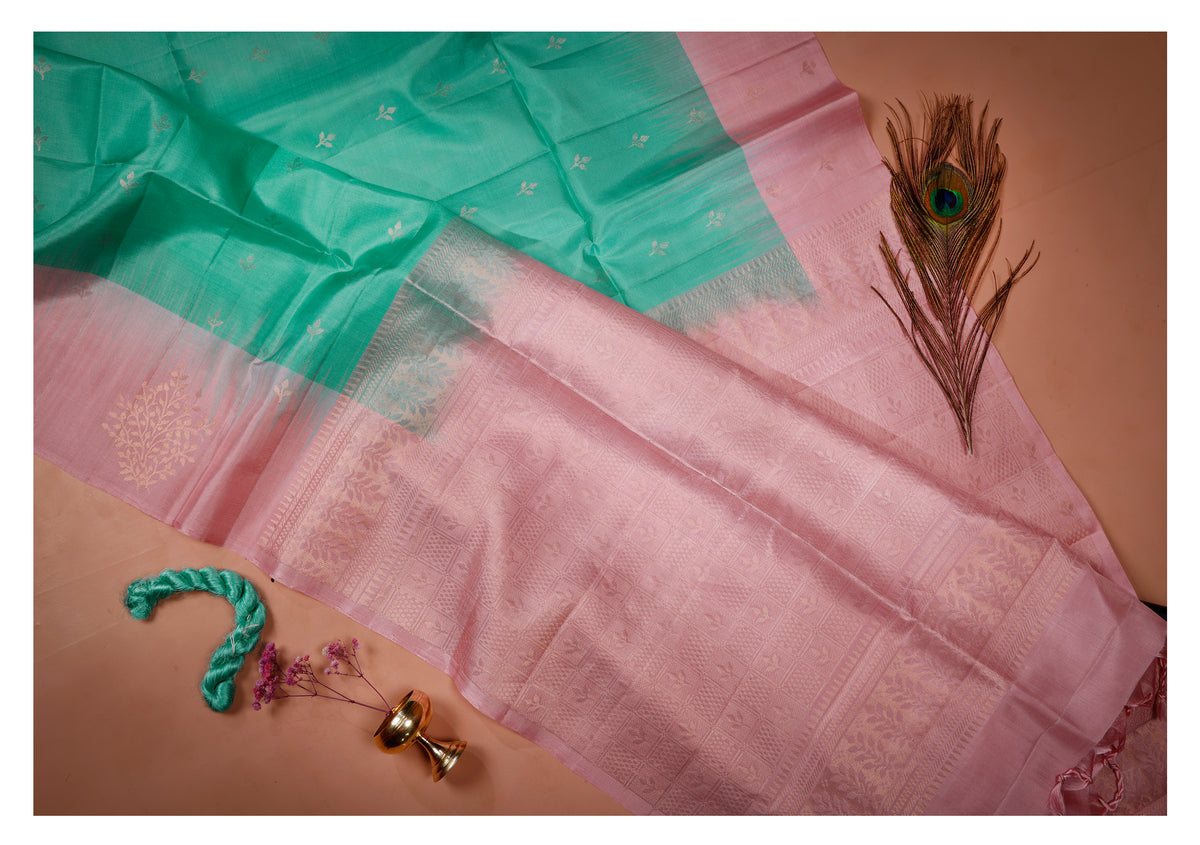 Pallavi Mint Green & Blush Pink Soft Silk Saree