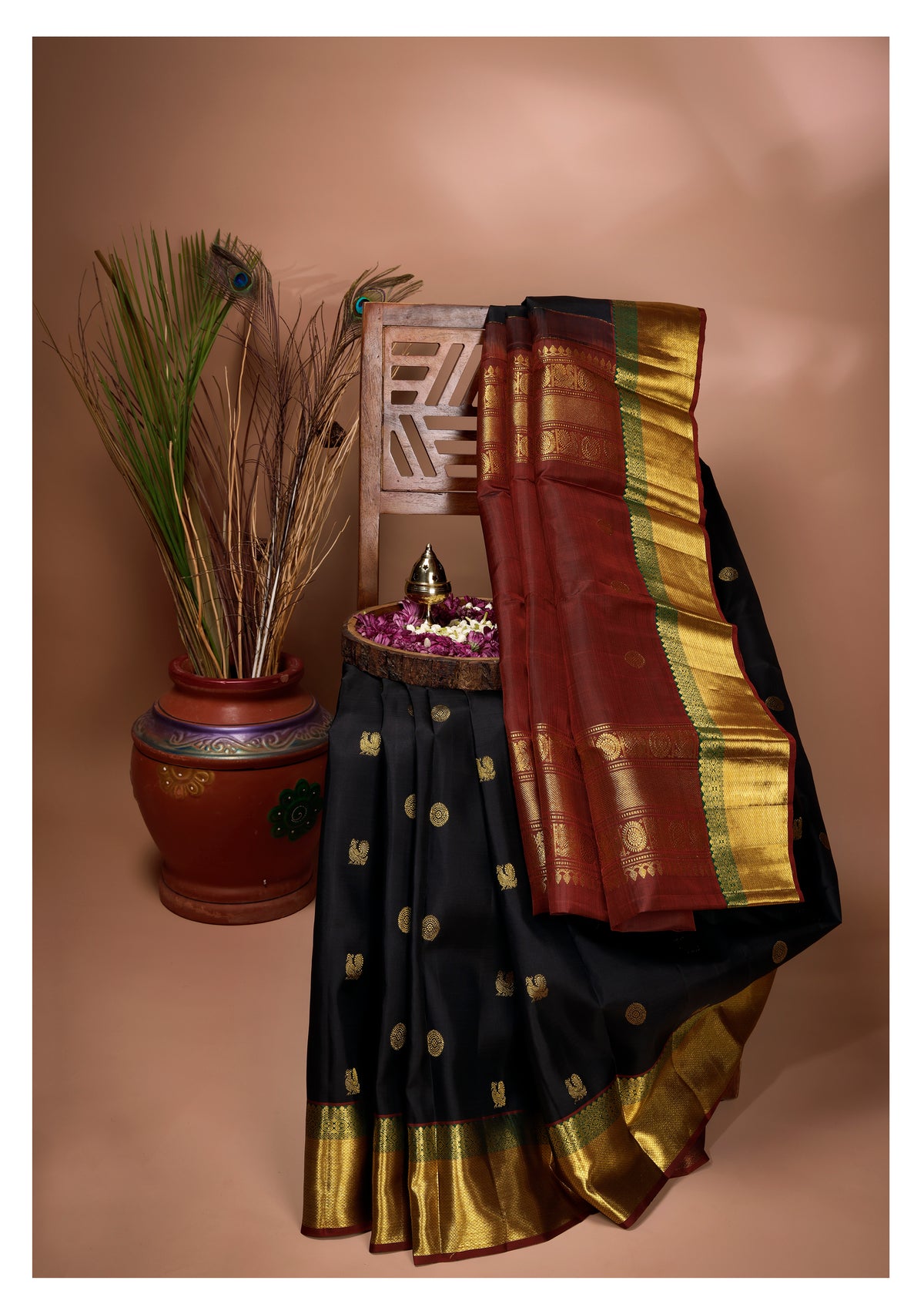 Regal Black and Deep Maroon Kanchipuram Silk Saree