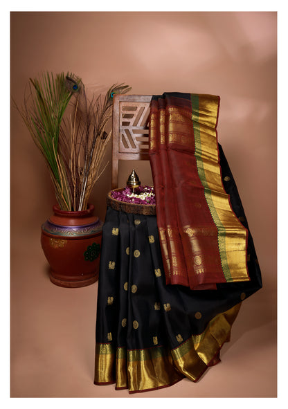 Regal Black and Deep Maroon Kanchipuram Silk Saree