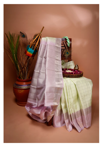 Pastel Green and Dusty Rose Checkered Kanchipuram Silk Saree