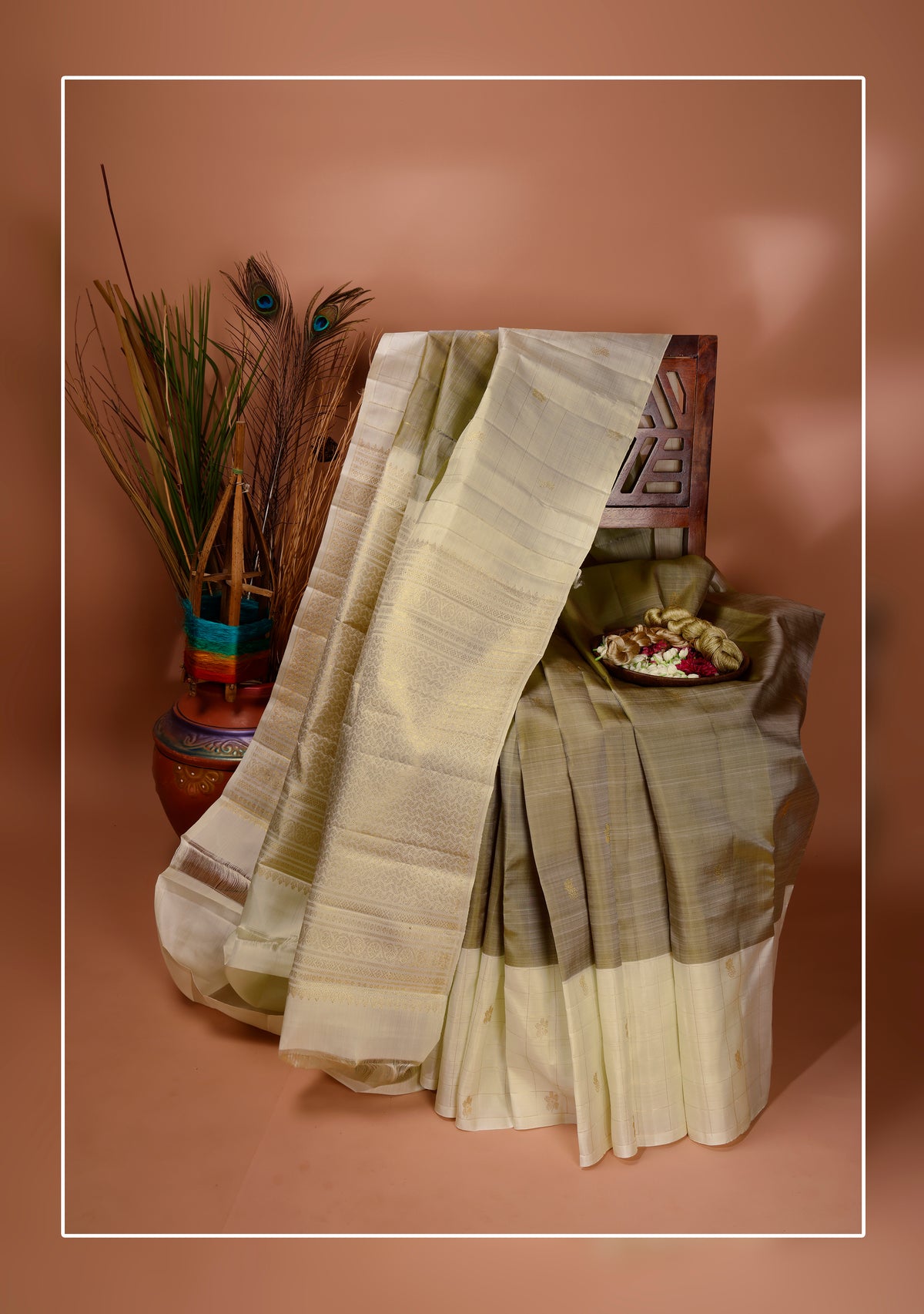 Metallic Olive and Ivory Kanchipuram Silk Saree
