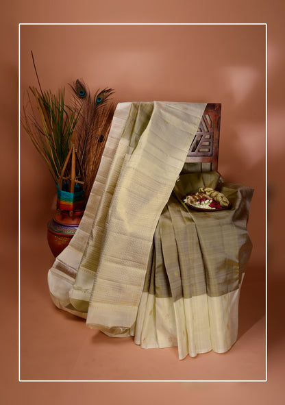 Metallic Olive and Ivory Kanchipuram Silk Saree