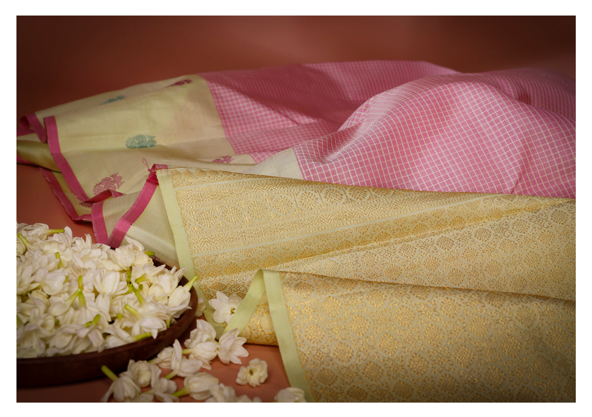 Pastel Pink and Cream Kattam Kanchipuram Silk Saree