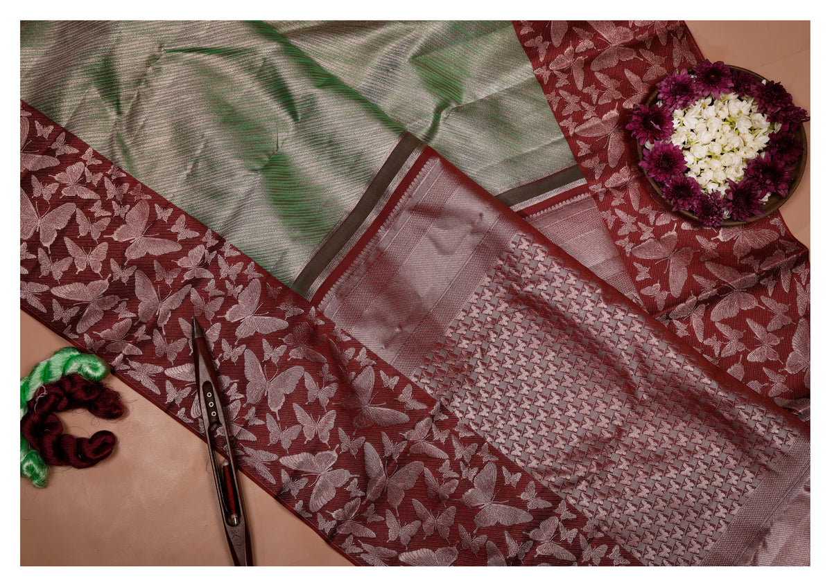 Madhavi Butterfly Green & Red Pure Silk Saree