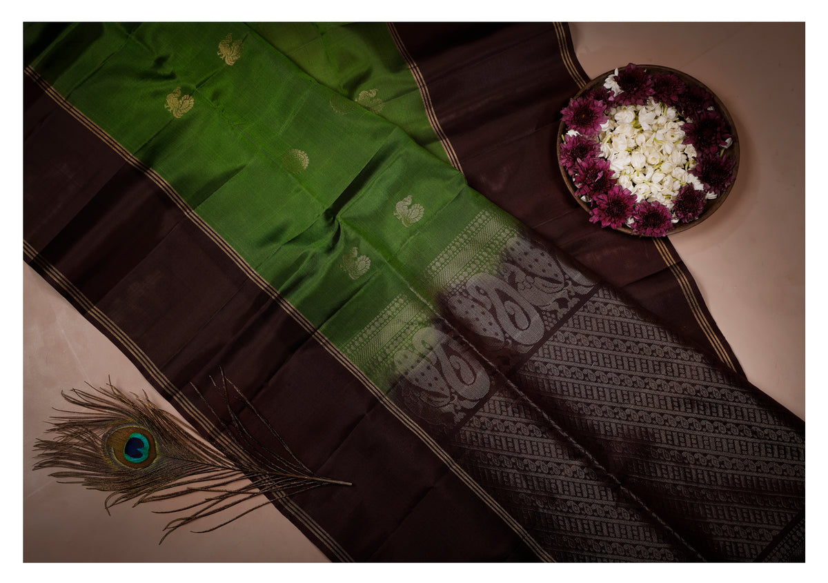 Vanya Green & Coffee Brown Soft Silk Saree