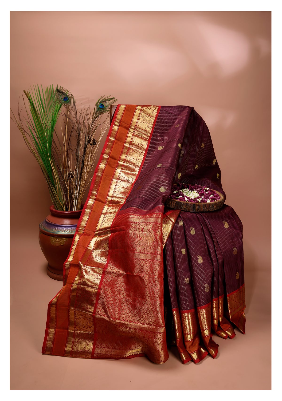 Wine Purple and Rich Red Kattam Kanchipuram Silk Saree