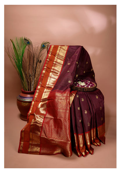 Wine Purple and Rich Red Kattam Kanchipuram Silk Saree