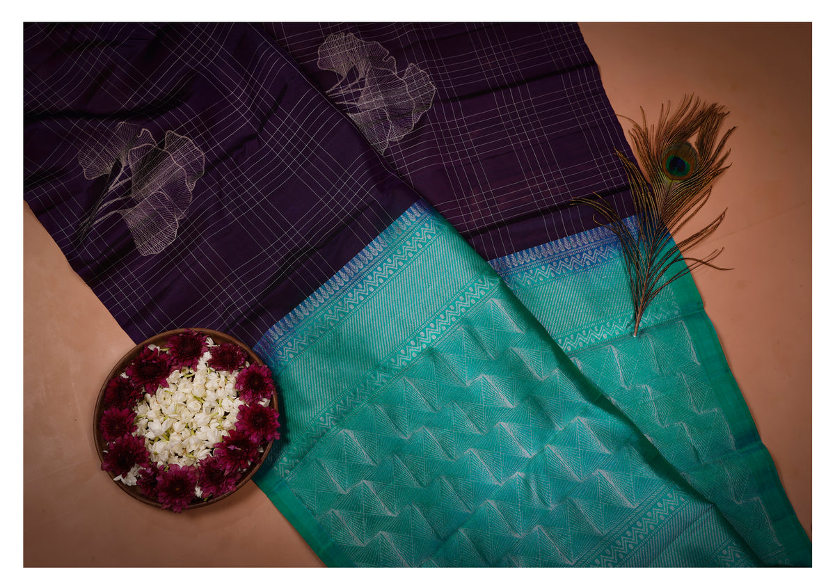 Deep Purple & Aqua Blue Floral Zari Pure Soft Silk Saree