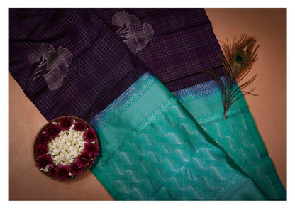 Deep Purple & Aqua Blue Floral Zari Pure Soft Silk Saree