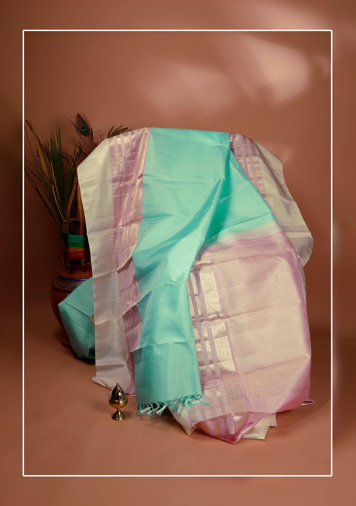 Pastel Aqua Blue and Cream Kanchipuram Vintage Silk Saree