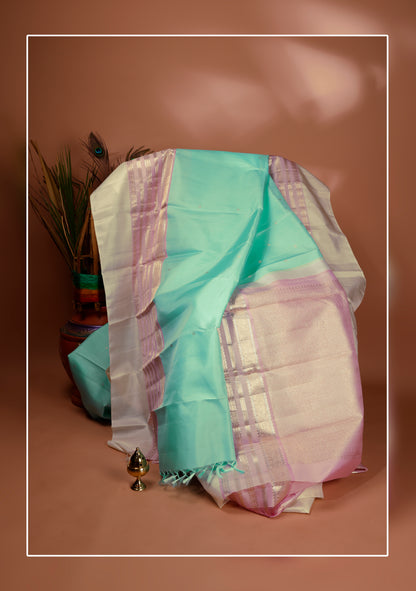Pastel Aqua Blue and Cream Kanchipuram Vintage Silk Saree