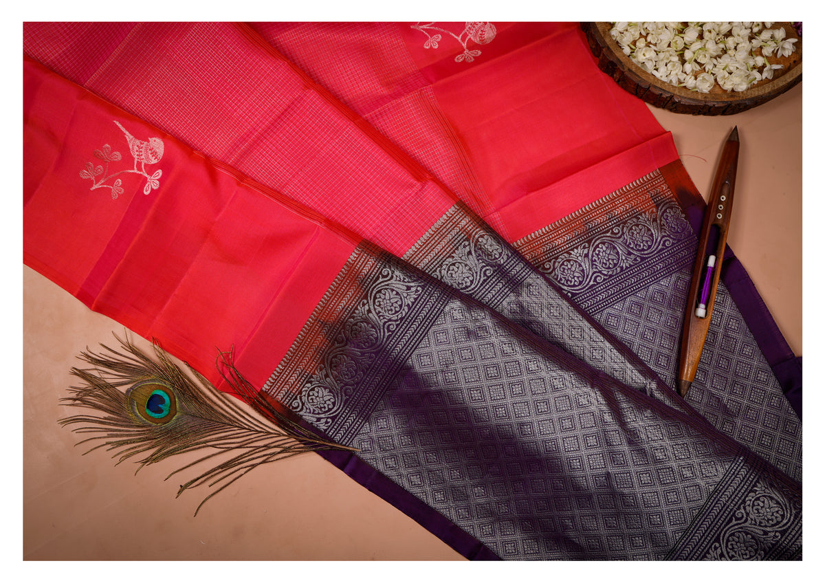 Coral Red & Deep Purple Bird Motif Pure Soft Silk Saree